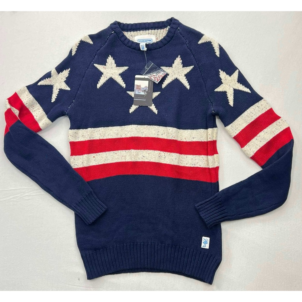 Character Hero Americana Stars and Stripes Knit Sweater Navy Red Cream Small NWT